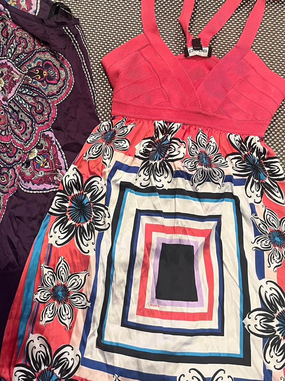 bebe Coral Pink Floral & Geometric Mini Dress, small
